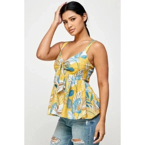Honey Yellow Blue Tropical Floral Knotted Cami Babydoll Summer Vacation Tank Top - Picture 5 of 5